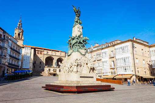 Monument to the Battle or La batalla de Vitoria and the Church of San Miguel at the Virgen Blanca Square in Vitoria-Gasteiz, Spain