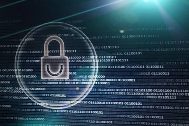 istock password protection for online internet network. Photo of computer screen display lighi white padlock icon with circle white light lines on binary background. cyber security concepts. 943743614
