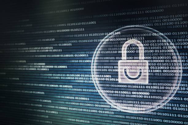 istock password protection for online internet network. Photo of computer screen display lighi white padlock icon with circle white light lines on binary background. cyber security concepts. 943743620