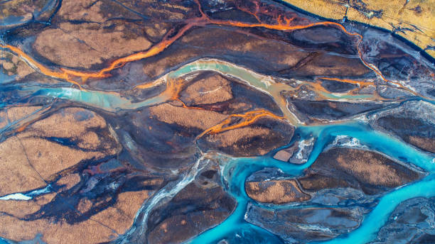 istock Aerial view and top view river in Iceland. Beautiful natural backdrop. 943743782