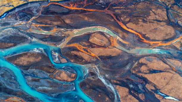 istock Aerial view and top view river in Iceland. Beautiful natural backdrop. 943743794