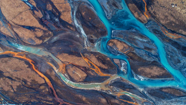 istock Aerial view and top view river in Iceland. Beautiful natural backdrop. 943743814