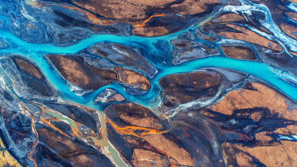 istock Aerial view and top view river in Iceland. Beautiful natural backdrop. 943743930
