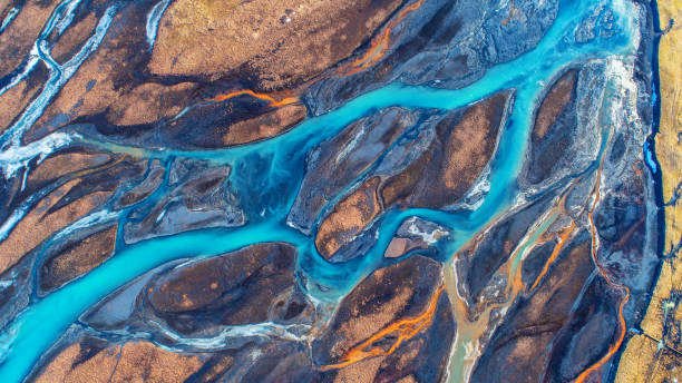 istock Aerial view and top view river in Iceland. Beautiful natural backdrop. 943743944