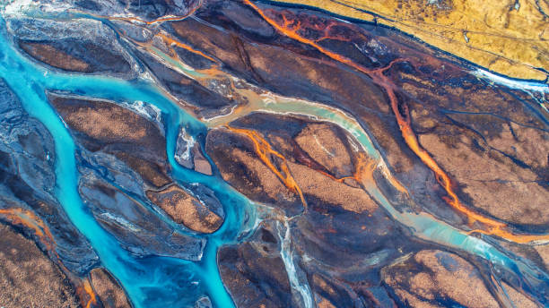 istock Aerial view and top view river in Iceland. Beautiful natural backdrop. 943744056