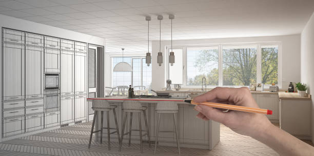 istock Hand drawing custom classic white and wooden kitchen with island and stools. Tailored unfinished project architecture interior design 943758078