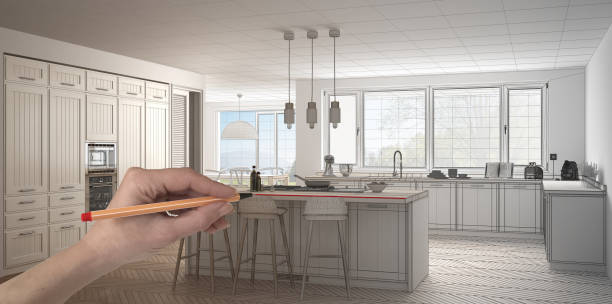 istock Hand drawing custom classic white and wooden kitchen with island and stools. Tailored unfinished project architecture interior design 943758106