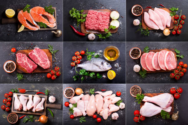 istock collage of various fresh meat, chicken and fish 943758178