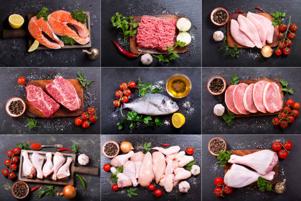 colagem de carne fresca, frango e peixe - seafood steak variation prepared fish - fotografias e filmes do acervo