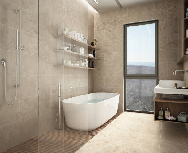 istock Modern limestone bathroom, bathtub and shower, shelves with bottles, big panoramic window 943758216