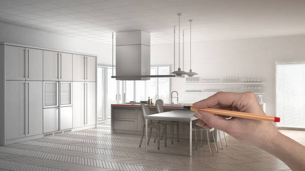 istock Hand drawing custom modern minimalist white and wooden kitchen with island. Tailored unfinished project architecture interior design 943758436