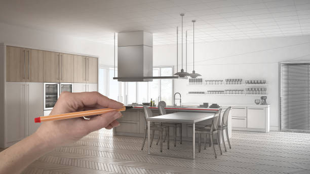 istock Hand drawing custom modern minimalist white and wooden kitchen with island. Tailored unfinished project architecture interior design 943758466