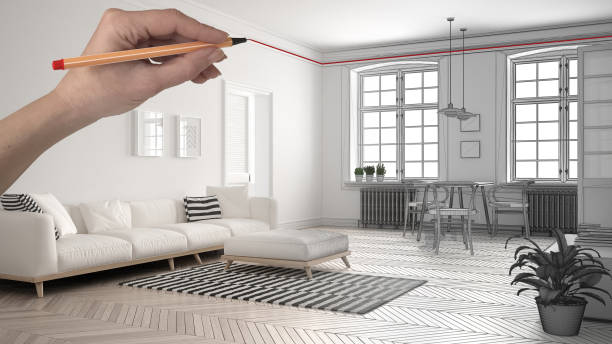 istock Hand drawing custom modern minimalist white and wooden living room with sofa and dining table. Tailored unfinished project architecture interior design 943758532