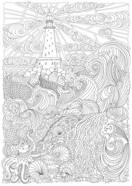 illustrations, cliparts, dessins animés et icônes de illustration de vecteur de ligne mince contour nautique. vagues de l’océan, île, phare, nacre, poisson, coquillage, poulpe. noir et blanc. oeuvre d’abstraite croquis dessinés à la main. adultes page verticale du livre à colorier - sea storm lighthouse rough