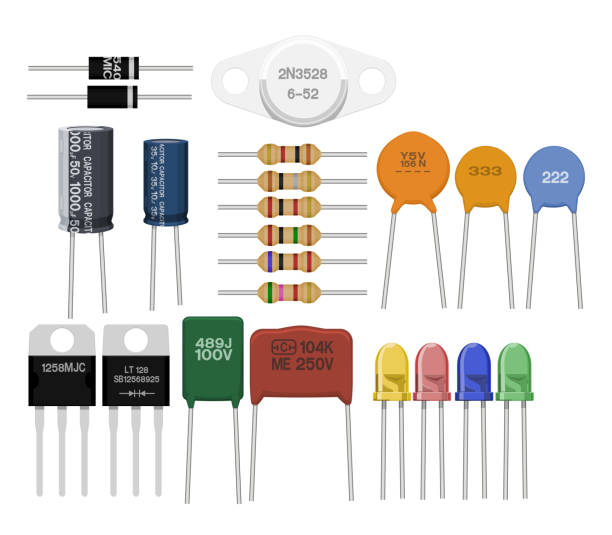 electronics part Set of electronics parts on transparent background transistor stock illustrations