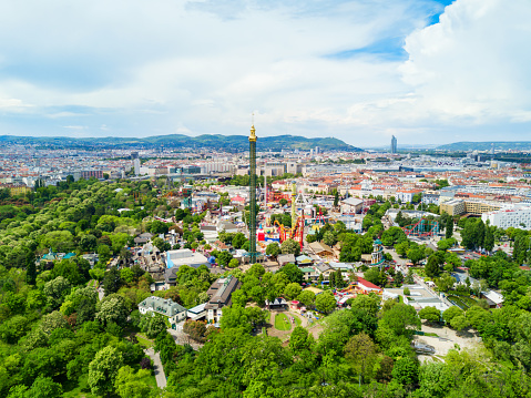 VIENNA, AUSTRIA - MAY 13, 2017: The Wurstelprater or Wurstel Prater aerial panoramic view. Wurstelprater is an amusement park and section of the Wiener Prater in Vienna, Austria.