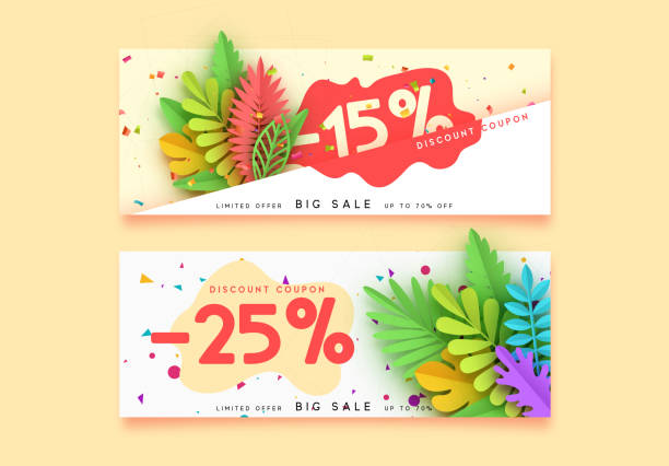 Horizontal sale banner border. Discount coupon cards, headers website. Horizontal sale banner border. Discount coupon cards, headers website. Vector design paper art. Price offer posters, flyers brochure. Design of tropical leaves of different colors in style paper art origami hand stock illustrations