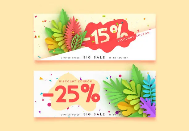 Vector illustration of Horizontal sale banner border. Discount coupon cards, headers website.