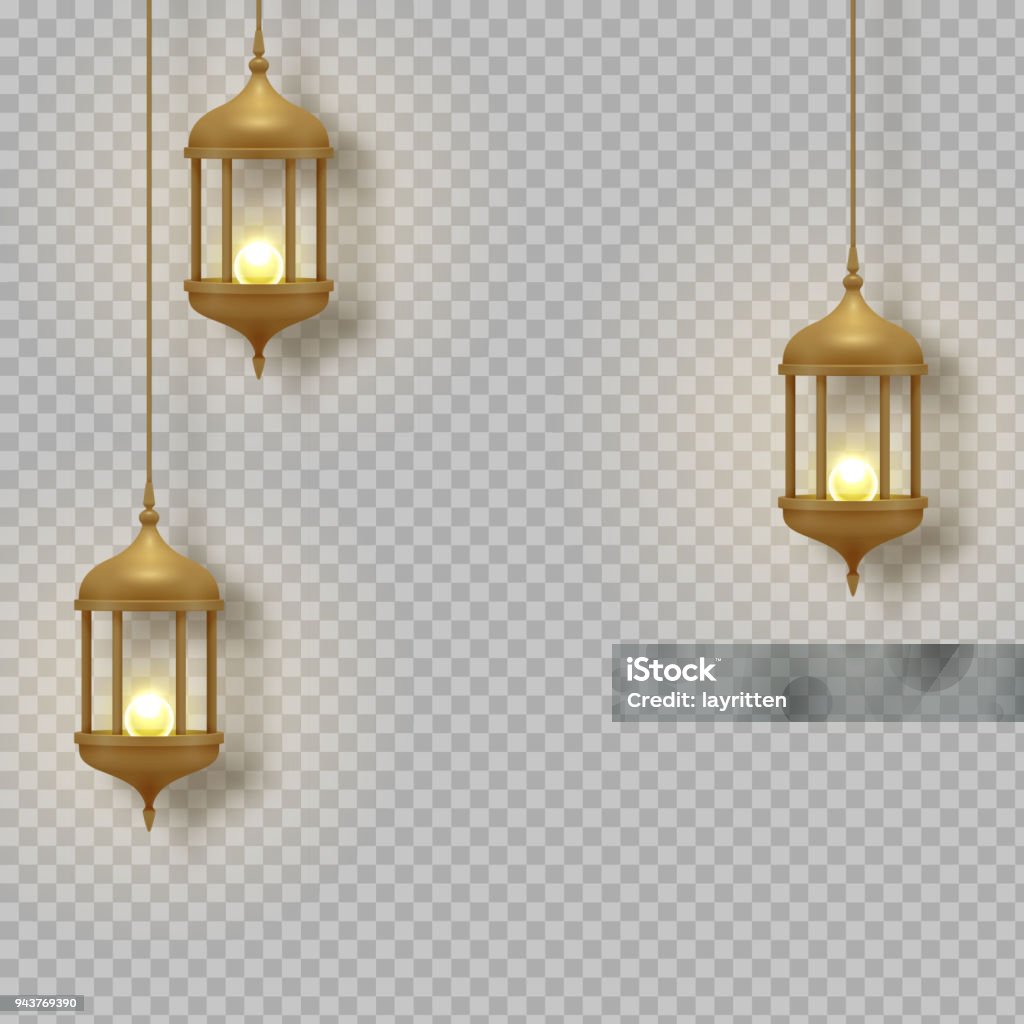 Gold vintage luminous lanterns. Arabic shining lamps. Isolated hanging realistic lamps. Effects transparent background. Gold vintage luminous lanterns. Arabic shining lamps. Isolated hanging realistic lamps. Effects of transparent vector background Lantern stock vector