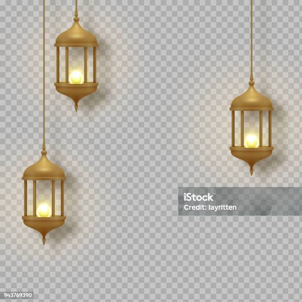 Gold Vintage Luminous Lanterns Arabic Shining Lamps Isolated Hanging Realistic Lamps Effects Transparent Background Stock Illustration - Download Image Now