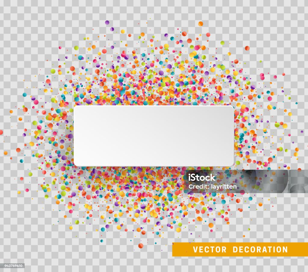 Fondo de celebración colorida con confeti. Burbuja de papel blanco para texto - arte vectorial de Confeti libre de derechos