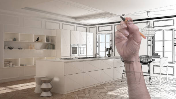 istock Hand drawing custom modern minimalist white kitchen. Tailored unfinished project architecture interior design 943771396