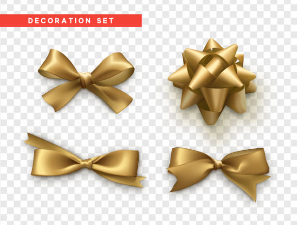 луки золото реалистичный дизайн. изолированные подарочные луки с лентами - узел бантиком stock illustrations