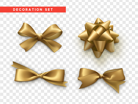 Bows gold realistic design. Isolated gift bows with ribbons.