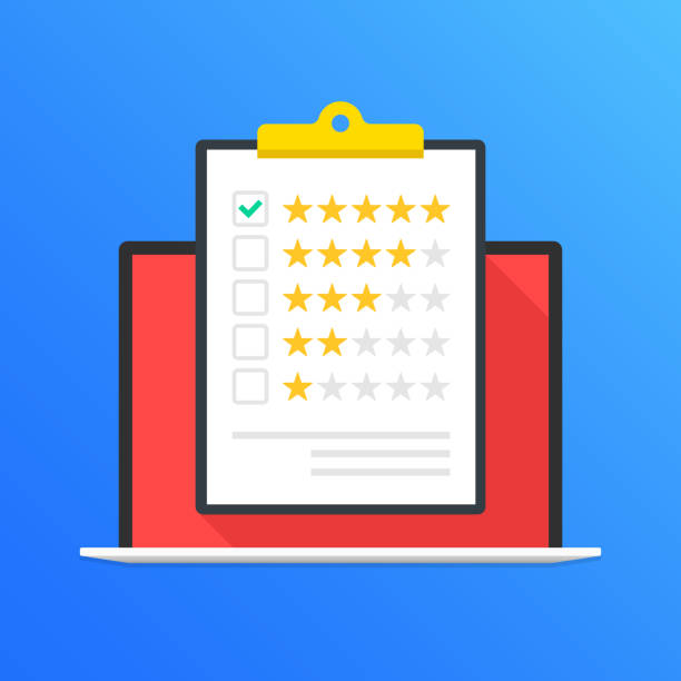 istock Laptop and clipboard with rating stars. Five stars and green check mark in checklist. Customer review, feedback, quality control, customer service, client satisfaction concepts. Flat design. Vector illustration 943776168