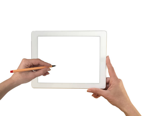 istock Tablet in woman hand mockup isolated on white background 943779390