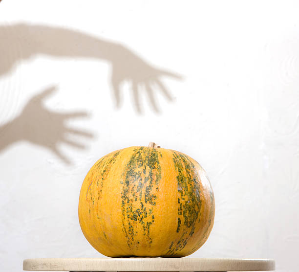 istock Yellow pumpkin no table with hands shadow on wall 94378158