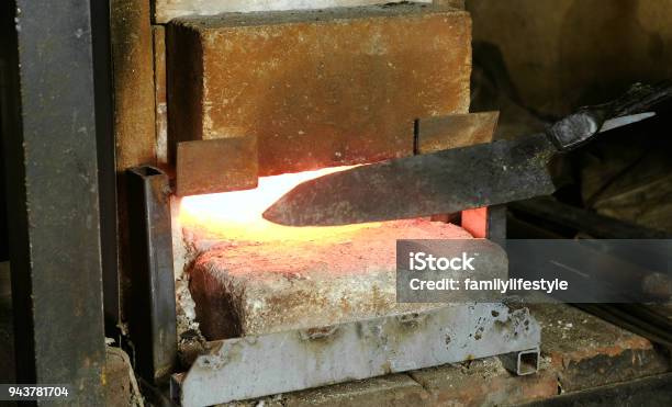 Making The Knife Out Of Metal At The Forge Heating Of Metal Billets In The Furnace Stock Photo - Download Image Now