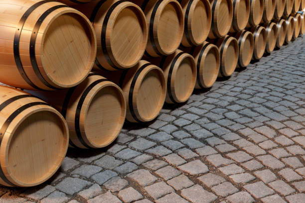 3d fond illustration en bois barils de vin. boisson alcoolisée dans des tonneaux en bois, tels que le vin, cognac, rhum, brandy. - winery wine cellar barrel photos et images de collection