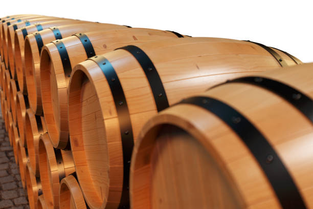 3d fond illustration en bois barils de vin. boisson alcoolisée dans des tonneaux en bois, tels que le vin, cognac, rhum, brandy. - winery wine cellar barrel photos et images de collection