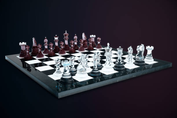 istock 3D illustration Chess game on board. Concepts business ideas and strategy ideas. Glass chess figures on a dark background with depth of field effects 943787062
