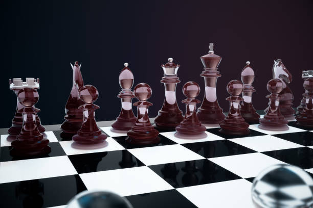 istock 3D illustration Chess game on board. Concepts business ideas and strategy ideas. Glass chess figures on a dark background with depth of field effects 943787068