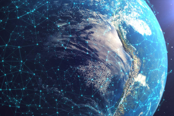 istock 3D rendering Network and data exchange over planet earth in space. Connection lines Around Earth Globe. Global International Connectivity. Elements of this image furnished by NASA 943787118