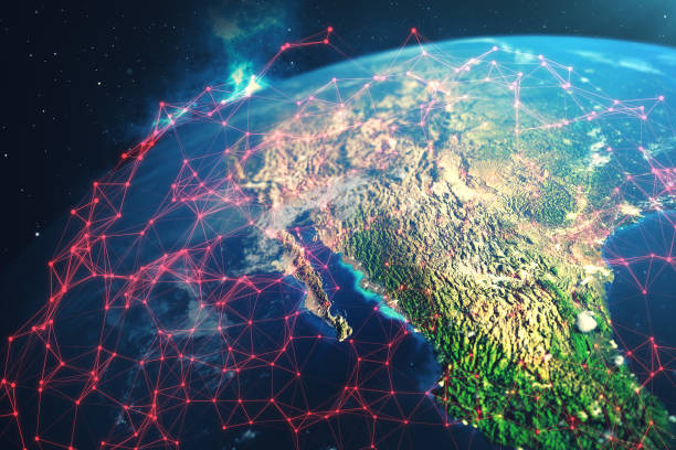 istock 3D rendering Network and data exchange over planet earth in space. The concept of contamination of the earth by a deadly virus. The concept of hacking the network and data exchange, Earth is in danger Elements of this image furnished by NASA 943787124