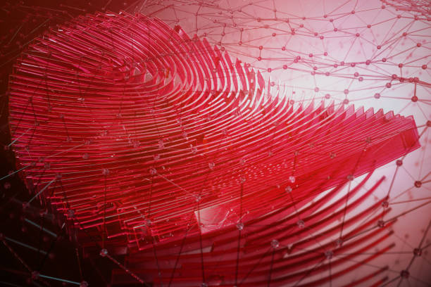 verificação de impressão digital 3d ilustração fornece acesso de segurança com identificação biométrica. conceito de hacking de dados pessoais. hacking, insegurança - scan handprint technology - fotografias e filmes do acervo