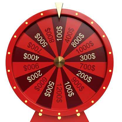 3d illustration red wheel of luck or fortune. Realistic spinning fortune wheel. Wheel fortune isolated on white background