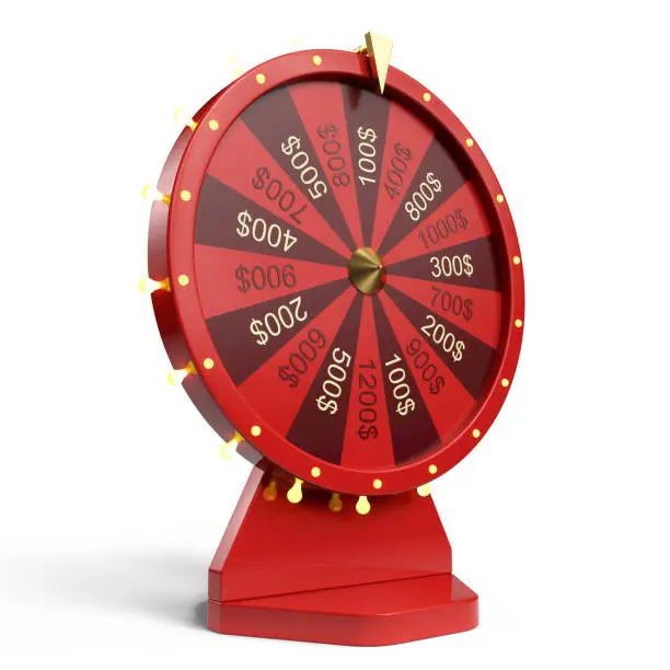 Photo of 3d illustration red wheel of luck or fortune. Realistic spinning fortune wheel. Wheel fortune isolated on white background.