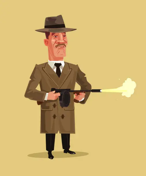 Vector illustration of Old school retro gangster mascot character shooting weapon gun. Crime ghetto battle shoot breaking low concept. Vector flat cartoon graphic design isolated illustration