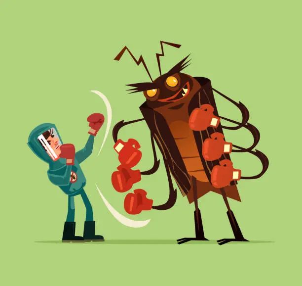 Vector illustration of Pest insect control man worker fighter character fight wth big huge monster bug gnat termite. Extermination mosquito service concept. Vector flat cartoon graphic design isolated illustration