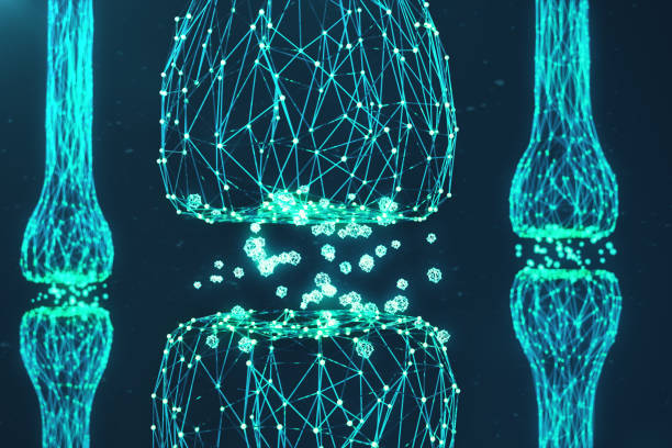 Blue glowing synapse. Artificial neuron in concept of artificial intelligence. Synaptic transmission lines of pulses. Abstract polygonal space low poly with connecting dots and lines. 3D rendering sinapsis que brilla intensamente azul. neurona artificial en concepto de la inteligencia artificial. líneas de transmisión sináptica de los impulsos. polietileno baja espacio poligonal abstracto con conexión de puntos y líneas, 3d rendering
