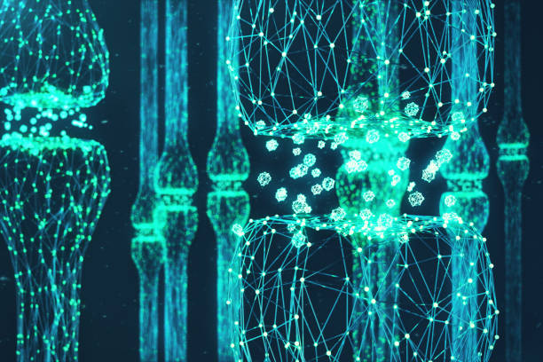 Blue glowing synapse. Artificial neuron in concept of artificial intelligence. Synaptic transmission lines of pulses. Abstract polygonal space low poly with connecting dots and lines, 3D rendering sinapsis que brilla intensamente azul. neurona artificial en concepto de la inteligencia artificial. líneas de transmisión sináptica de los impulsos. polietileno baja espacio poligonal abstracto con puntos y líneas de conexión. render 3d