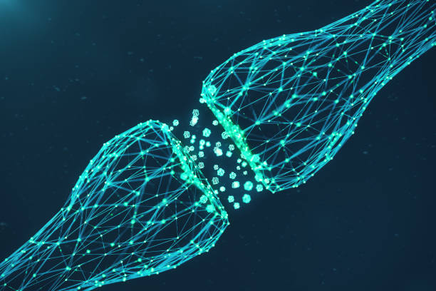 3D rendering blue glowing synapse. Artificial neuron in concept of artificial intelligence. Synaptic transmission lines of pulses.Abstract polygonal space low poly with connecting dots and lines. 3d rendering sinapsis que brilla intensamente azul. neurona artificial en concepto de la inteligencia artificial. líneas de transmisión sináptica de los impulsos. polietileno baja espacio poligonal abstracto con puntos y líneas de conexión