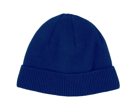 Blue wool beanie hat cap perfect for winter weather isolated on white background