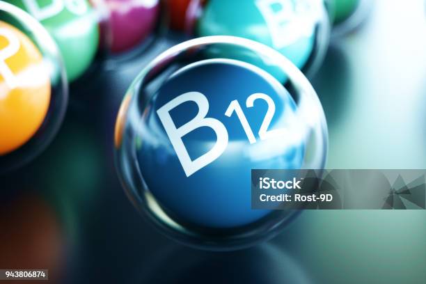 Vitamin B12 On Black Background Symbol Of Health And Longevity 3d Rendering Stock Photo - Download Image Now