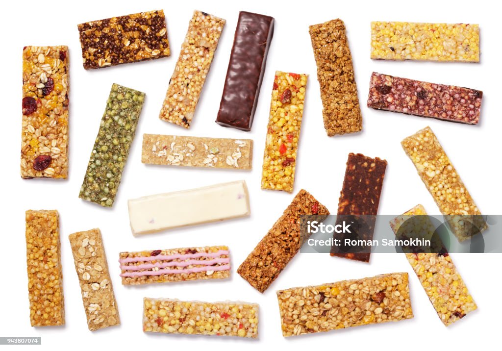 conjunto de barras de granola (bar de muesli ou cereais) isolado no branco - Foto de stock de Barra de cereal royalty-free