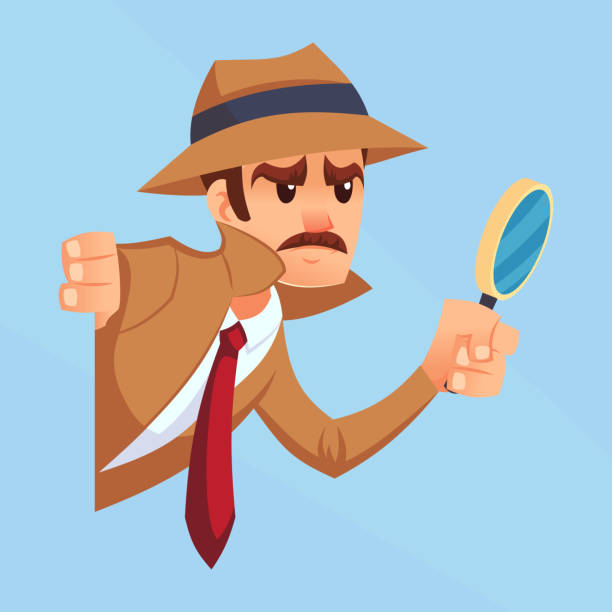 Noir detective with magnifying glass peeking out the corner cartoon flat design vector illustration eps10 Noir detective with magnifying glass peeking out the corner cartoon flat design vector illustration eps10 detective illustrations stock illustrations